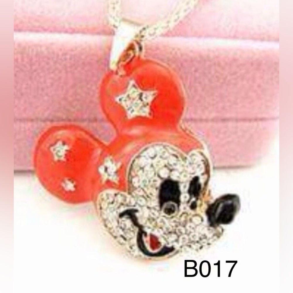 BETSEY JOHNSON CUTE CRYSTAL & ENAMEL RED MICKEY MOUSE  PENDANT CHAIN NECKLACE